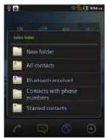 Select folder New folder All contacts Bluetooth received Contacts with phone numbers Starter contacts