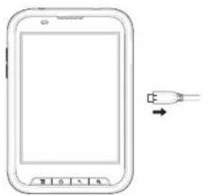 Line drawing of a smartphone with a USB cable icon and control buttons, no text or symbols present