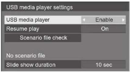 USB media player settings USB media player Enable Resume play On Scenario file check No scenario file Slide show duration 10 sec