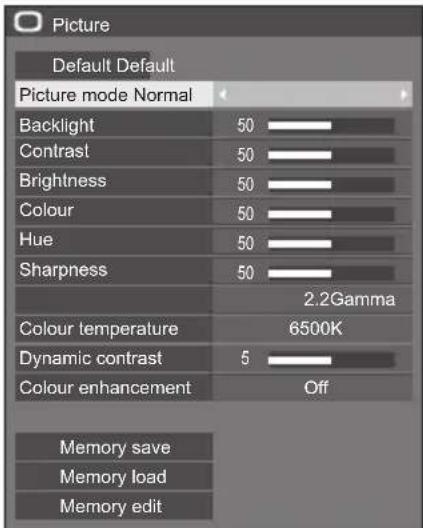 Picture Default Default Picture mode Normal Backlight 50 Contrast 50 Brightness 50 Colour 50 Hue 50 Sharpness 50 2.2Gamma Colour temperature 6500K Dynamic contrast 5 Colour enhancement Off Memory save Memory load Memory edit