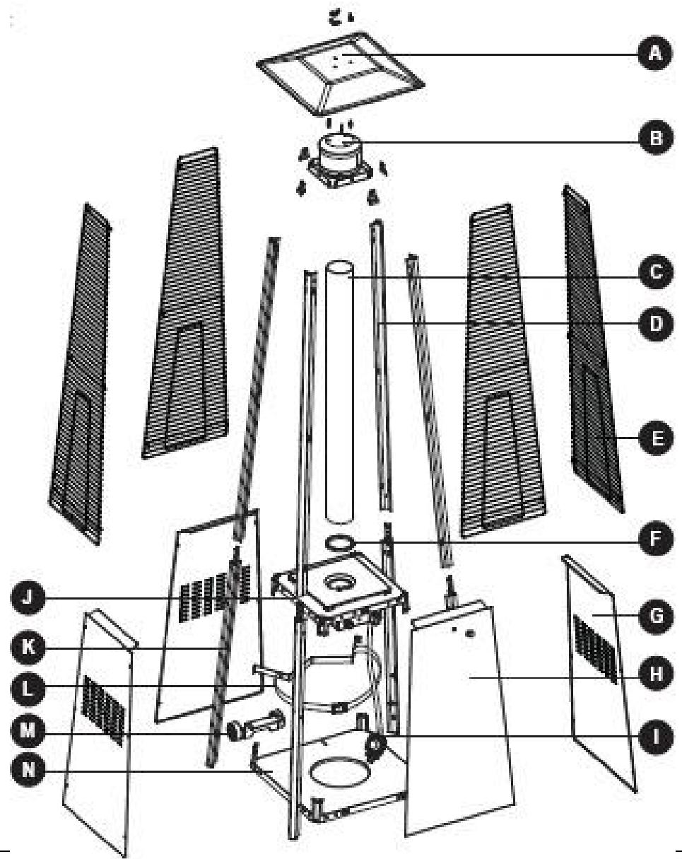 Exploded view diagram of a solar panel assembly with labeled components from A to N