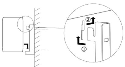 Technical diagram showing a door mechanism with labeled parts and directional arrows, including a magnified inset of the door assembly.