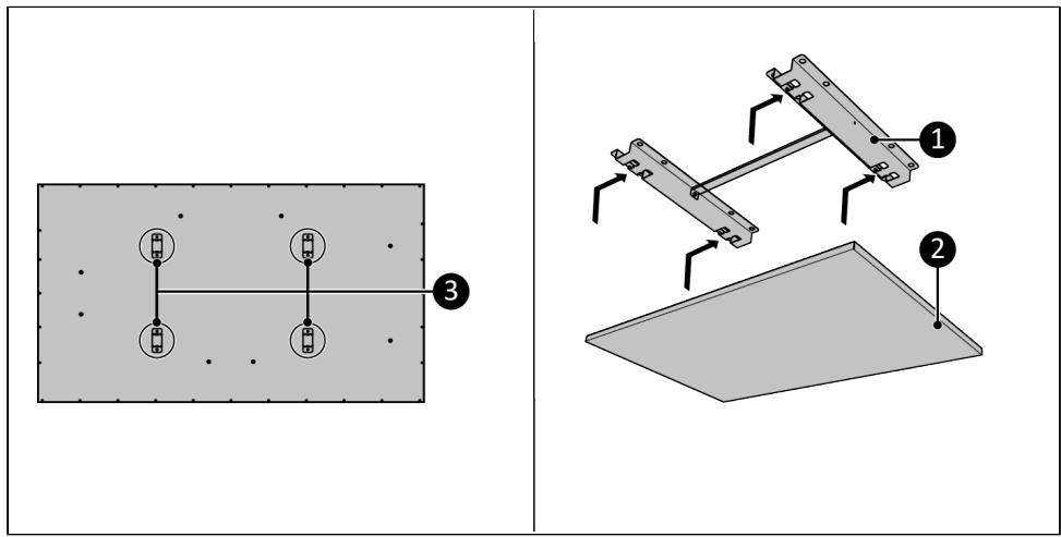 Technical diagram showing two mechanical assembly steps: one with a component labeled '3' and the other with numbered components 1 and 2.