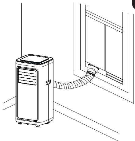 Line drawing of an air conditioner unit connected to a wall-mounted hose (no text or symbols)