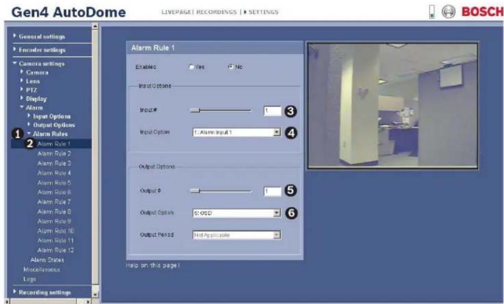 Gen4 AutoDome LIVEPAGE | RECORDINGS | SETTINGS General settings Encoder settings Camera settings Camera Lens PTZ Display Alarm Input Options Output Options Alarm Rules Alarm Rule 1 Alarm Rule 2 Alarm Rule 3 Alarm Rule 4 Alarm Rule 5 Alarm Rule 6 Alarm Rule 7 Alarm Rule 8 Alarm Rule 9 Alarm Rule 10 A…