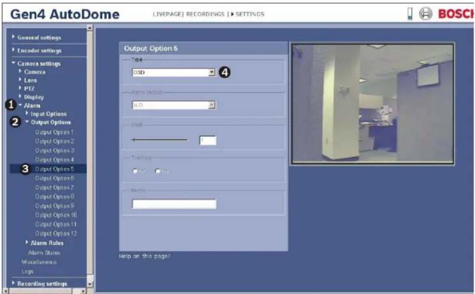 Gen4 AutoDome LIVEPAGE | RECORDINGS | > SETTINGS General settings Encoder settings Camera settings Camera Lens PTZ Display Alarm Input Options Output Options Output Option 1 Output Option 2 Output Option 3 Output Option 4 Output Option 5 Output Option 6 Output Option 7 Output Option 8 Output Option…