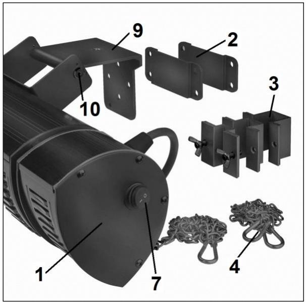 Labeled diagram of an electric motor with numbered parts including stator, rotor, and hanging chains