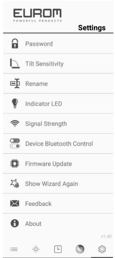 EUROM POWERFUL PRODUCTS Settings Password Tilt Sensitivity Rename Indicator LED Signal Strength Device Bluetooth Control Firmware Update Show Wizard Again Feedback About v1.40
