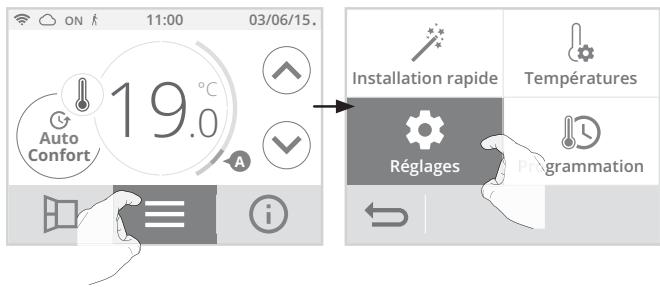 ON f 11:00 03/06/15. 19.0°C Auto Confort Installation rapide Températures Réglages Programmation
