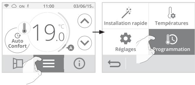 ON f 11:00 03/06/15. 19.0 Auto Confort A Installation rapide Températures Réglages Programmation