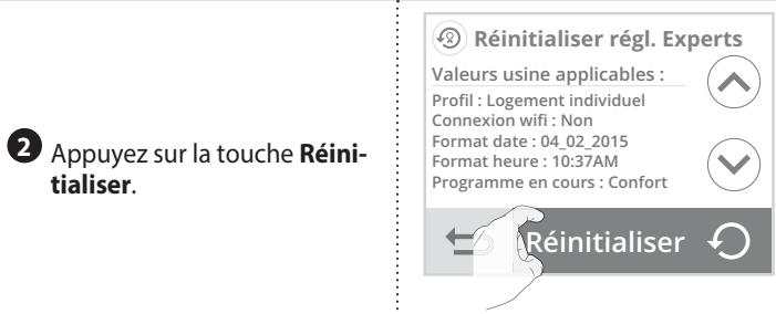 2 Appuyez sur la touche Réinitialiser. Réinitialiser régl. Experts Valeurs usine applicables : Profil : Logement individuel Connexion wifi : Non Format date : 04_02_2015 Format heure : 10:37AM Programme en cours : Confort Réinitialiser