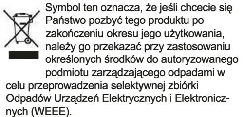 Symbol ten oznacza, że jeśli chcecie się Państwo pozbyć tego produktu po zakończeniu okresu jego użytkowania, należy go przekazać przy zastosowaniu określonych środków do autoryzowanego podmiotu zarządzającego odpadami w celu przeprowadzenia selektywnej zbiórki Odpadów Urządzeń Elektrycznych i Elektronicz- nych (WEEE).