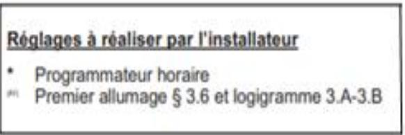 Réglages à réaliser par l'installateur • Programmateur horaire Premier allumage § 3.6 et logigramme 3.A-3.B