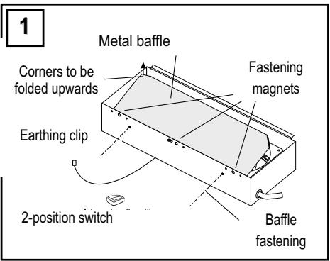 1 Metal baffle Corners to be folded upwards Fastening magnets Earthing clip 2-position switch Baffle fastening