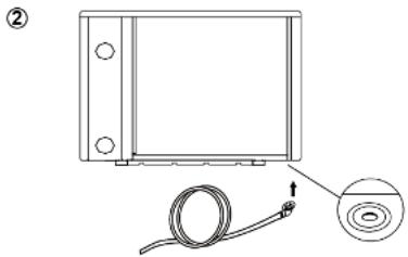 Technical line drawing of a rectangular device with a coiled cable and a circular inset showing internal components (no text or symbols)