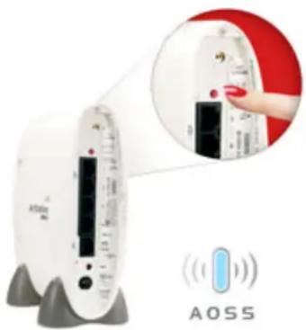 White AOSS device with a hand holding a digital camera module, shown with a circular inset highlighting its components (no text or symbols on the device itself)