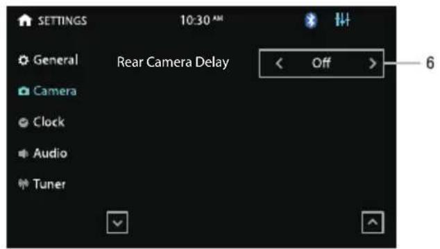 SETTINGS 10:30 AM General Rear Camera Delay < Off > 6 Camera Clock Audio Tuner