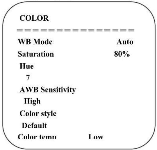 COLOR ===================== WB Mode Auto Saturation 80% Hue 7 AWB Sensitivity High Color style Default Color temp Low