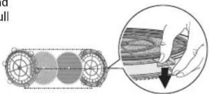 Diagram illustrating a mechanical or electrical component with labeled parts and an inset showing hand positioning on a wooden surface.