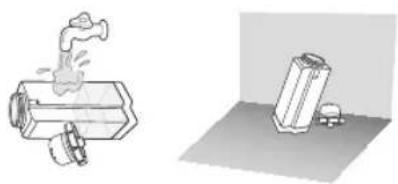 Two 3D illustrations: one showing a pipe pouring liquid into a container, the other showing a block on a surface with a small object nearby (no text or symbols)