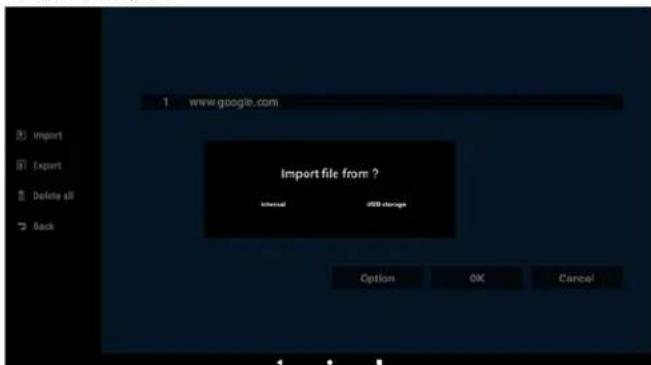 1 www.google.com Import Export Delete all Back Import file from ? Internal USB Import Option OK Cancel