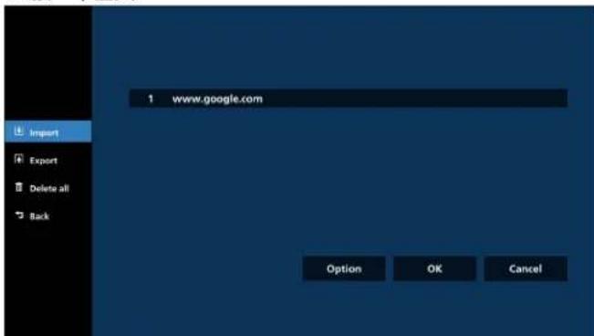 1 www.google.com Import Export Delete all Back Option OK Cancel