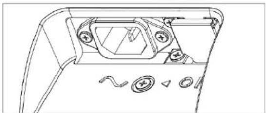 Technical line drawing of a device interior with buttons and a handle (no text or symbols)