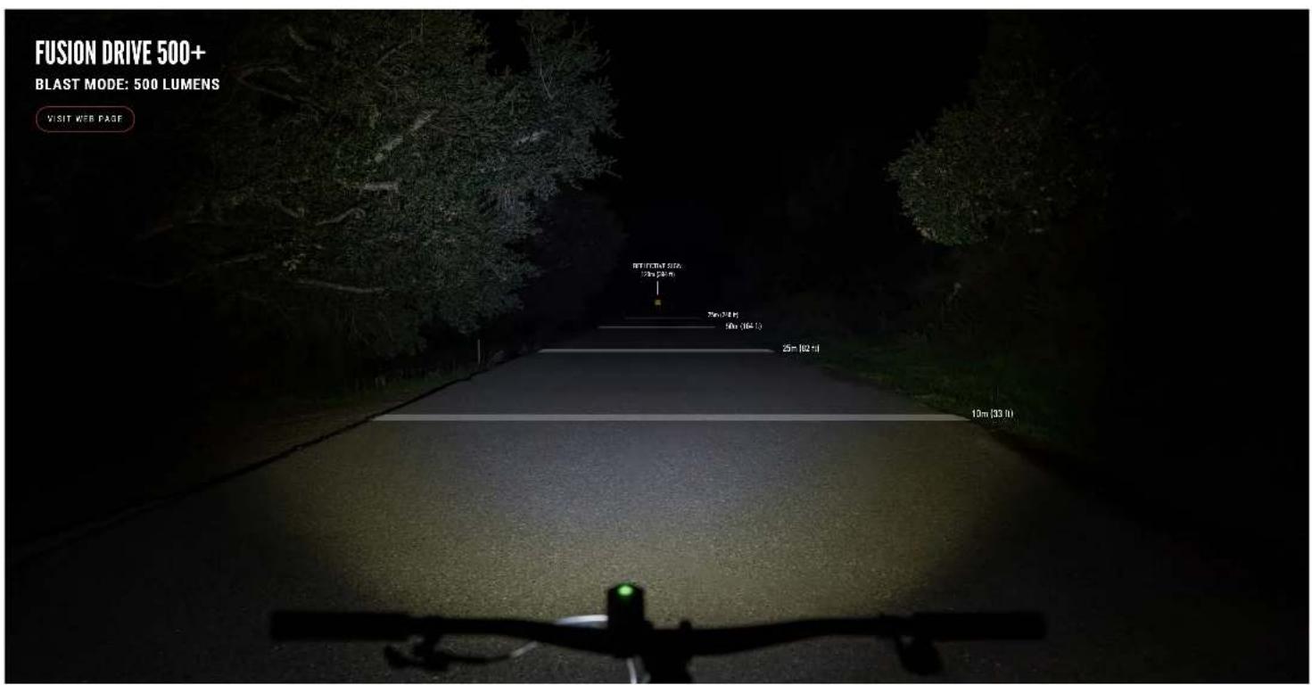 FUSION DRIVE 500+ BLAST MODE: 500 LUMENS VISIT WEB FASE RETURN ON 120m (240 ft) 50m (38 ft) 50m (164 ft) 25m (102 ft) 10m (33 ft)