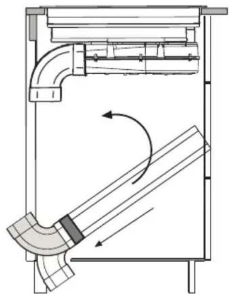 Technical diagram of a mechanical device with curved pipe sections and directional arrows indicating motion (no text or symbols)