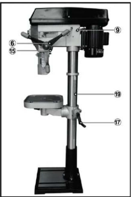 Labeled diagram of a drill press machine with numbered parts for identification