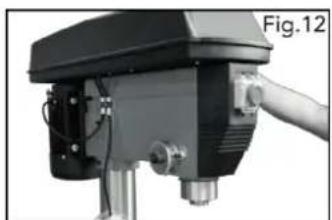 Close-up of a black mechanical device with attached wires and a handle, labeled Fig.12 (no visible text or symbols on the device itself)