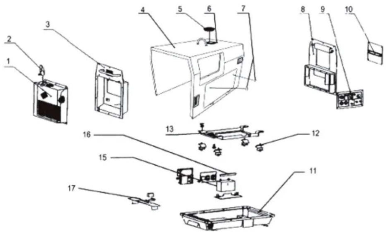 Exploded view diagram of a device with numbered parts for identification and assembly reference.