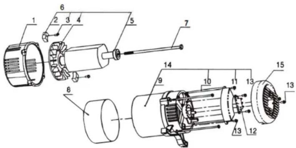 Technical diagram of an electric motor assembly with numbered components for identification