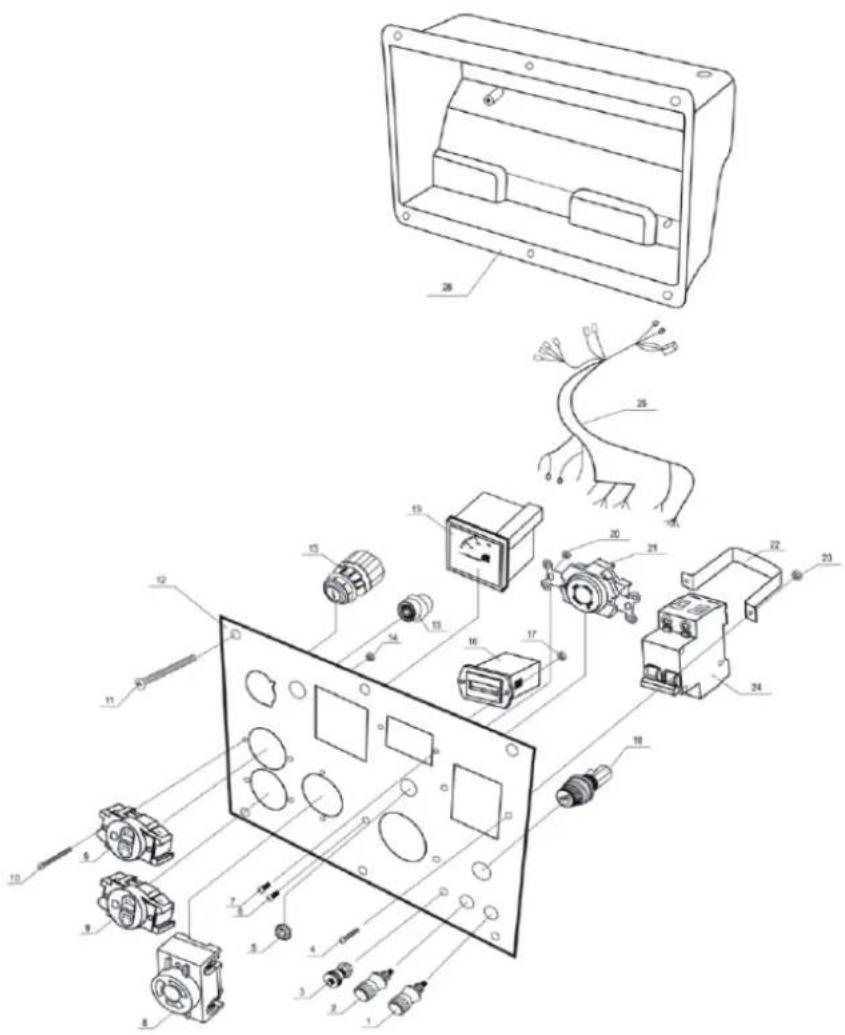 Exploded view diagram of an electrical enclosure with numbered components and wiring connections