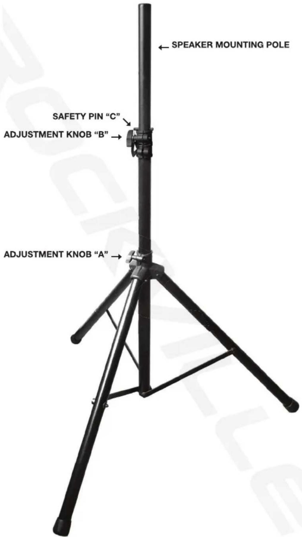 SPEAKER MOUNTING POLE SAFETY PIN "C" ADJUSTMENT KNOB "B" ADJUSTMENT KNOB "A"