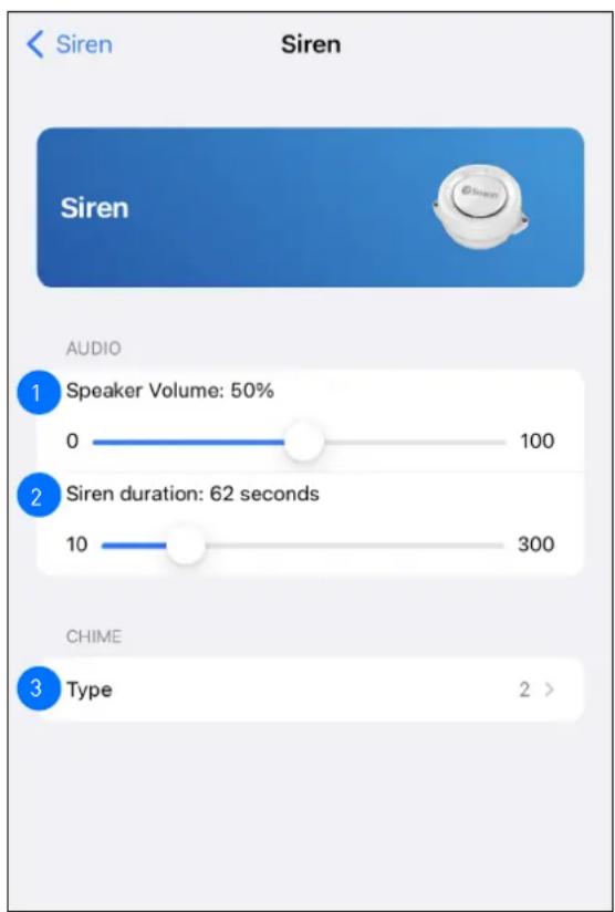 Siren Siren AUDIO 1 Speaker Volume: 50% 0 100 2 Siren duration: 62 seconds 10 300 CHIME 3 Type 2 >
