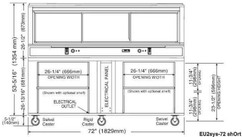 53-5/16" (1354 mm) 26-1/2" (673mm) 26-1/4" (666mm) OPENING WIDTH (Shown with optional shelf) ELECTRICAL OUTLET 26-1/4" (666mm) OPENING WIDTH (Shown with optional shelf) SWivel Caster Rigid Caster SWivel Caster 11-3/4" (298mm) OPENING 11-3/4" (298mm) OPENING HEIGHT 23-1/2" (596mm) OPENING HEIGHT 5-1/…