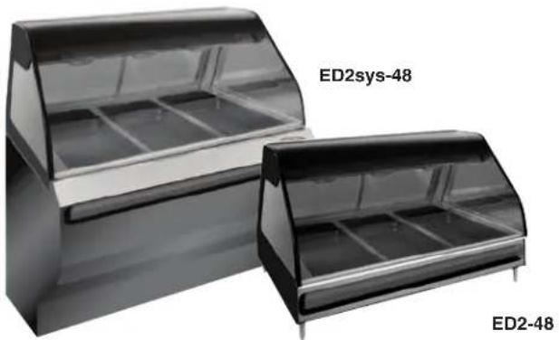 Two glass display cabinets labeled ED2sys-48 and ED2-48, shown from different angles (no text or symbols on the cabinets themselves)