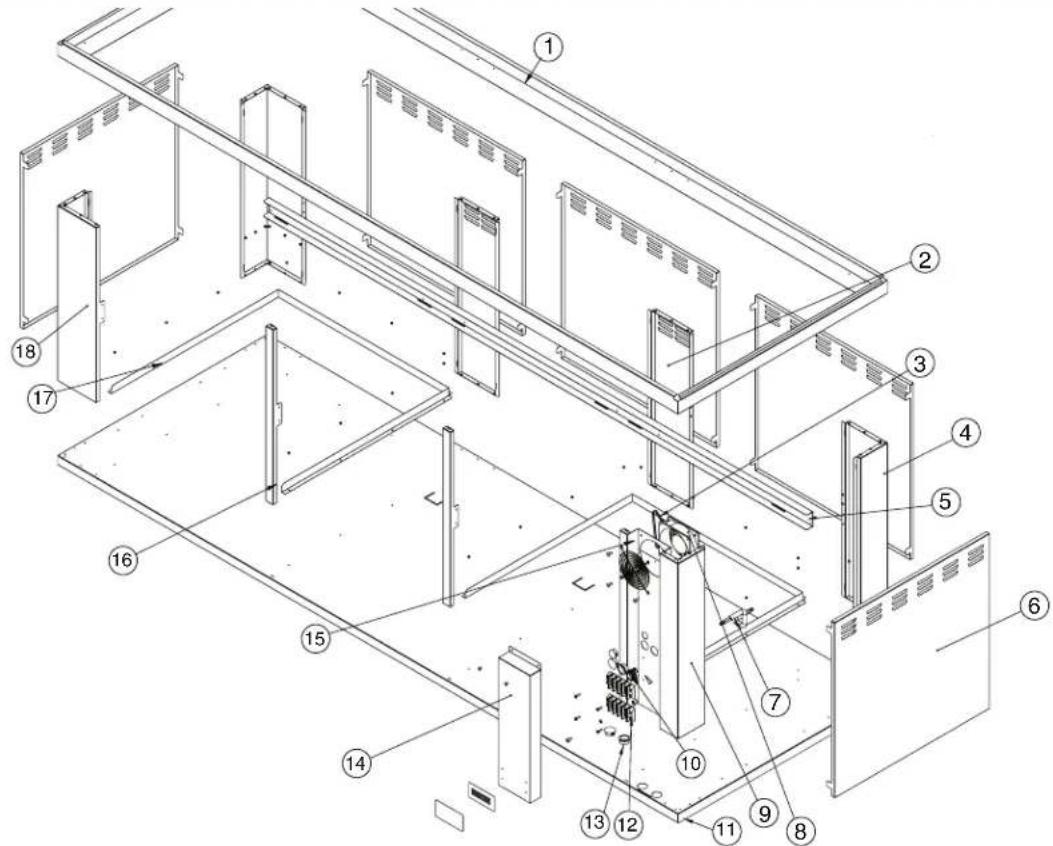 Technical diagram of a modular building interior with numbered components for identification