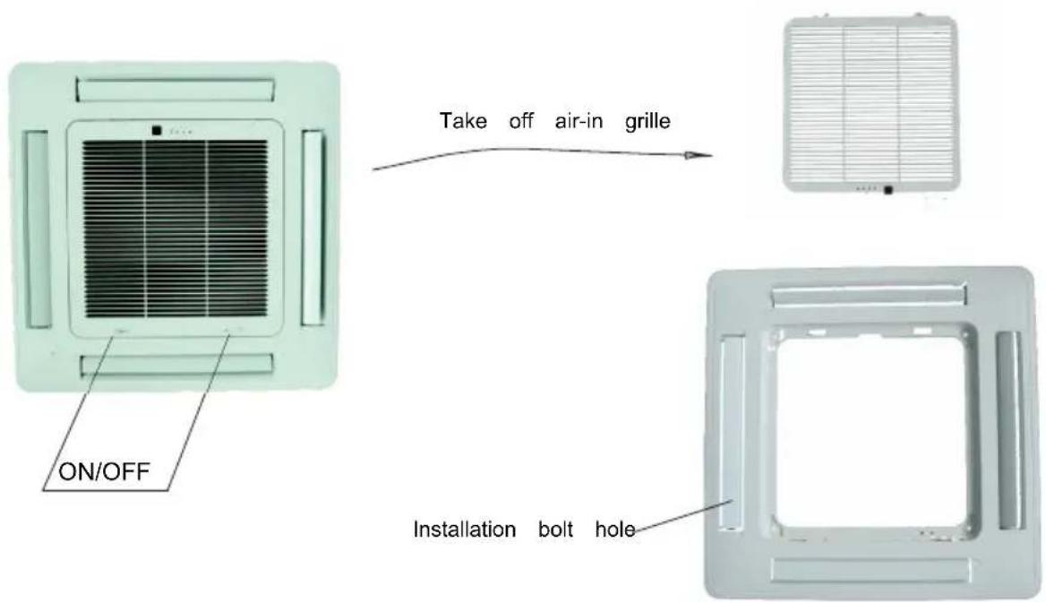 Take off air-in grille ON/OFF Installation bolt hole