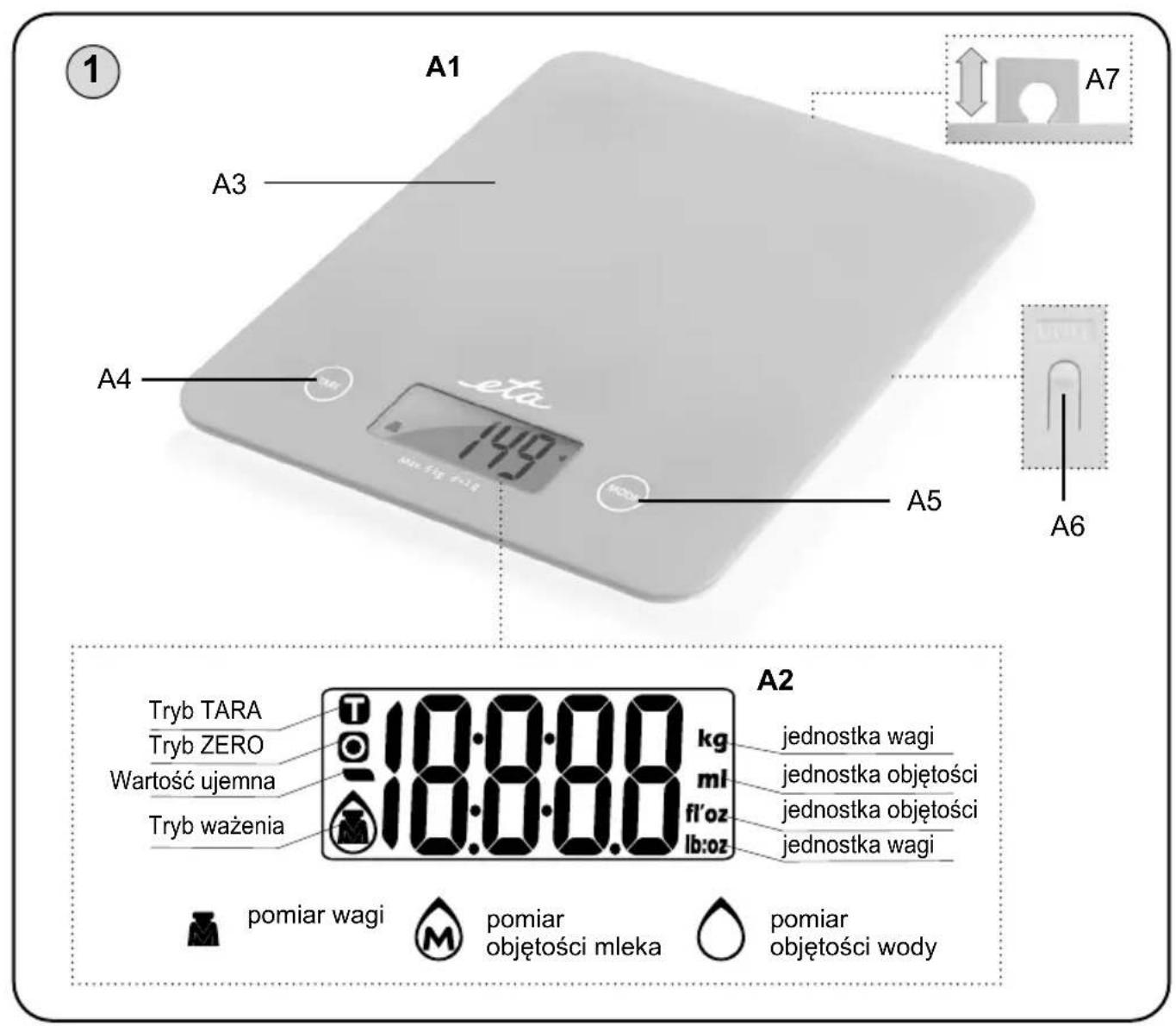 A1 A3 A4 14:9 eta min. max. min. A5 A6 A7 Tryb TARA Tryb ZERO Wartość ujemna Tryb ważenia 10:00:00 kg ml fl'oz lb:oz A2 jednostka wagi jednostka objętości jednostka objętości jednostka wagi pomiar wagi m pomiar objętości mleka pomiar objętości wody