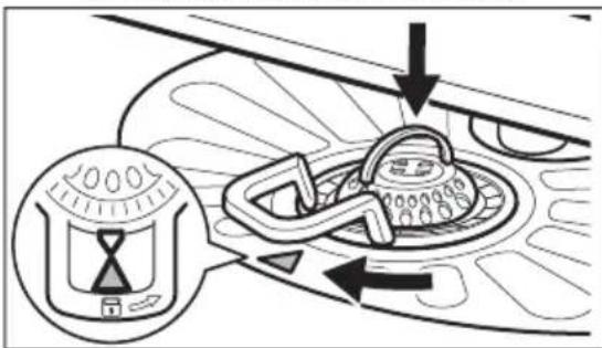 Diagram showing a car interior with a handbag and directional arrows, including a dial indicator.