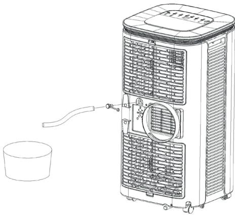 Line drawing of a portable air purifier with a bucket and water inlet (no text or symbols)