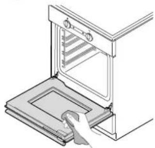 Illustration of a hand placing a tray into an oven with a rack inside (no text or symbols)