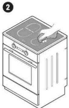Line drawing of a kitchen oven with a hand placing a pan on top (no text or symbols)