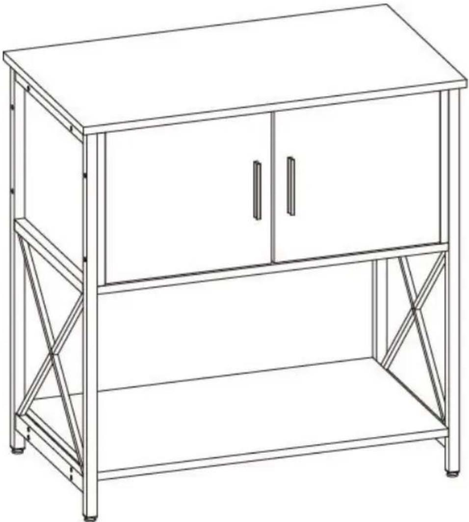 Line drawing of a simple cabinet or shelf unit with two doors and metal supports (no text or symbols)