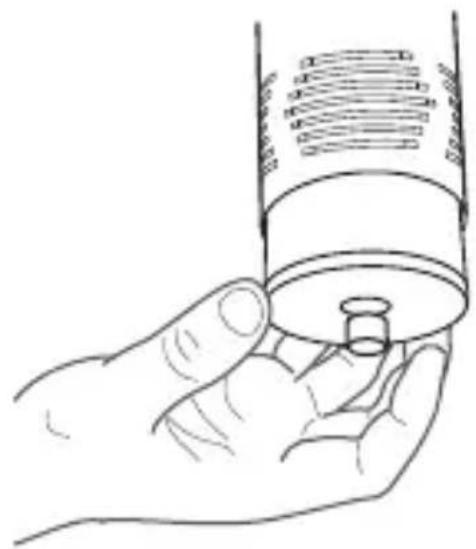 Line drawing of a hand holding a cylindrical container with a small object inserted (no text or symbols)