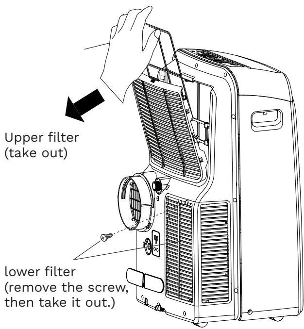 Upper filter (take out) lower filter (remove the screw, then take it out.