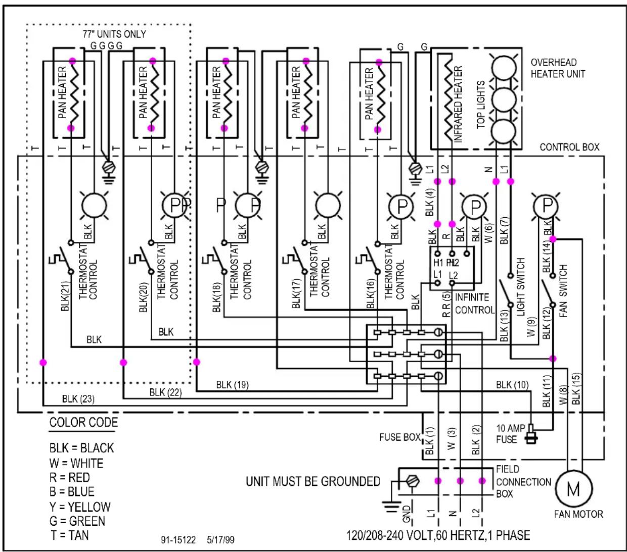 77" UNITS ONLY G G G G PAN HEATER T T T T T T T T T T T T T T BLK(21) THERMOSTAT CONTROL BLK(20) THERMOSTAT CONTROL BLK BLK(18) THERMOSTAT CONTROL BLK(17) THERMOSTAT CONTROL BLK(16) THERMOSTAT CONTROL BLK(19) THERMOSTAT CONTROL BLK(23) BLK (22) BLK (19) P P P P INFRARED HEATER TOP LIGHTS OVERHEAD HE…