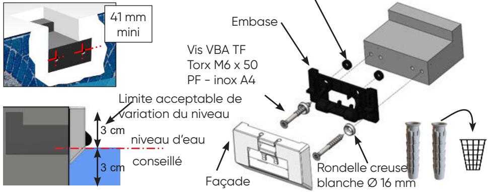 41 mm mini Embase Vis VBA TF Torx M6 x 50 PF - inox A4 Limite acceptable de variation du niveau 3 cm niveau d'eau conseillé 3 cm Façade Rondelle creuse blanche Ø 16 mm